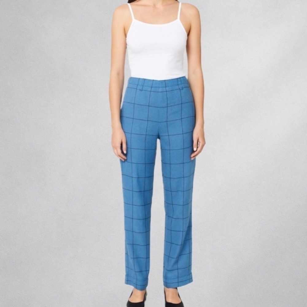Sundance 100% Linen Blue Windowpane blue Plaid Pants Women's Size‎ 14
